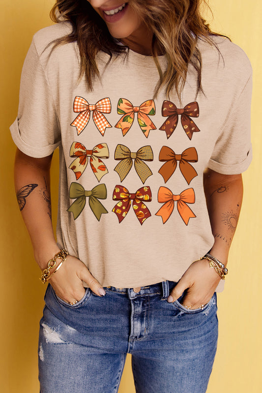 Bow Graphic Round Neck Short Sleeve T-Shirt Tan