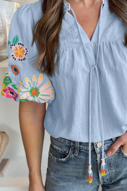 Embroidered Tie Neck Short Sleeve Blouse