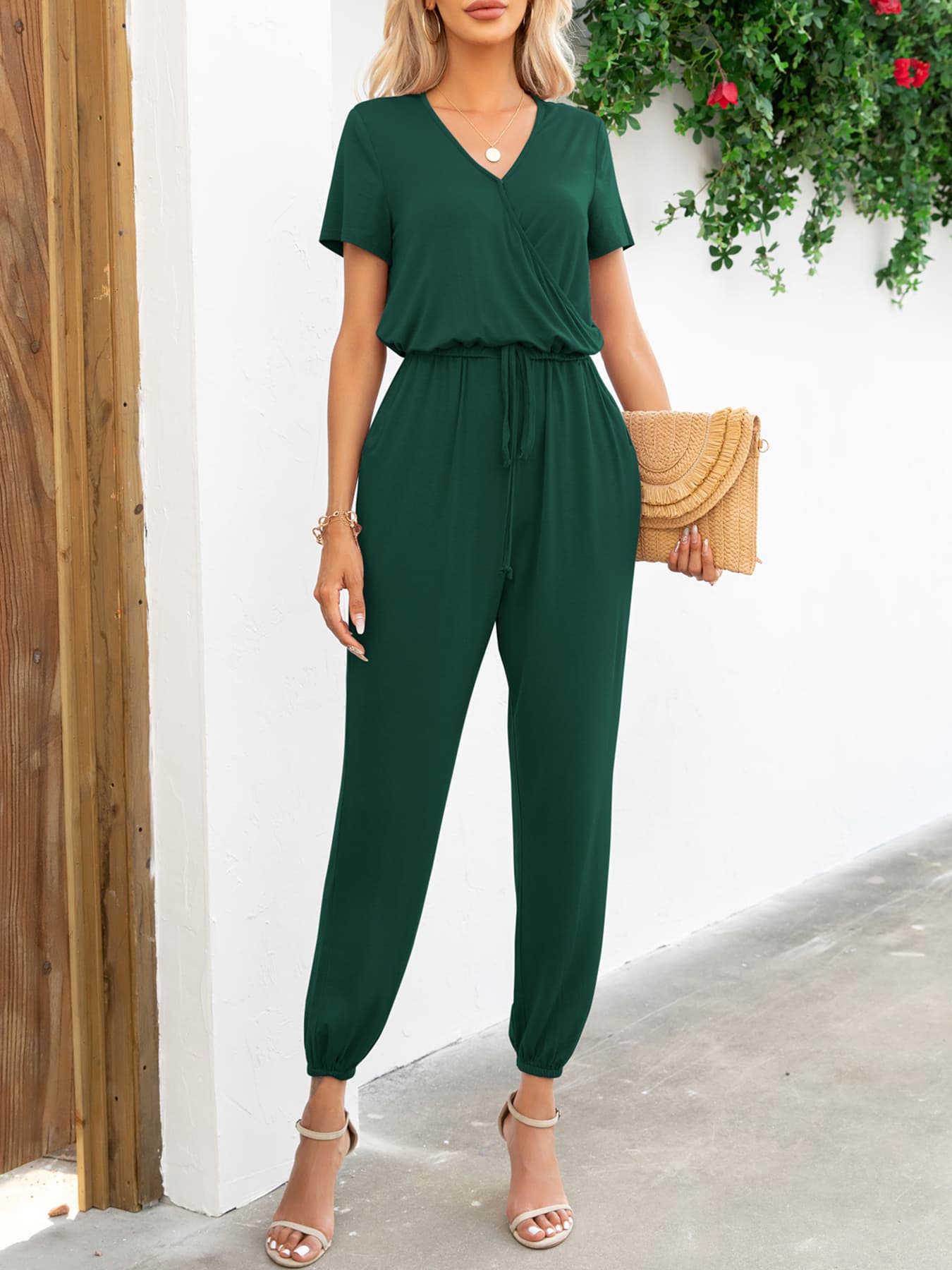 Short Sleeve V-Neck Jumpsuit with Pockets Dark Green