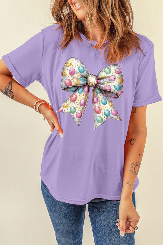 Bow Graphic Round Neck Short Sleeve T-Shirt Lavender
