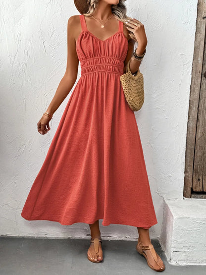 V-Neck Wide Strap Midi Cami Dress Orange-Red
