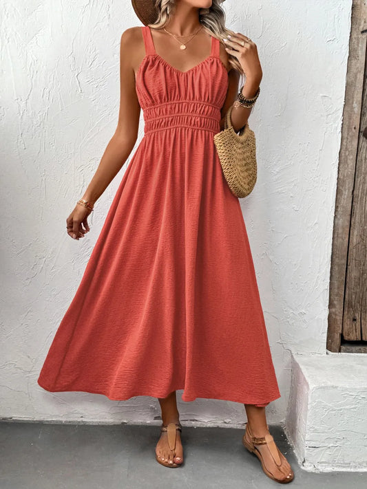 V-Neck Wide Strap Midi Cami Dress Orange-Red