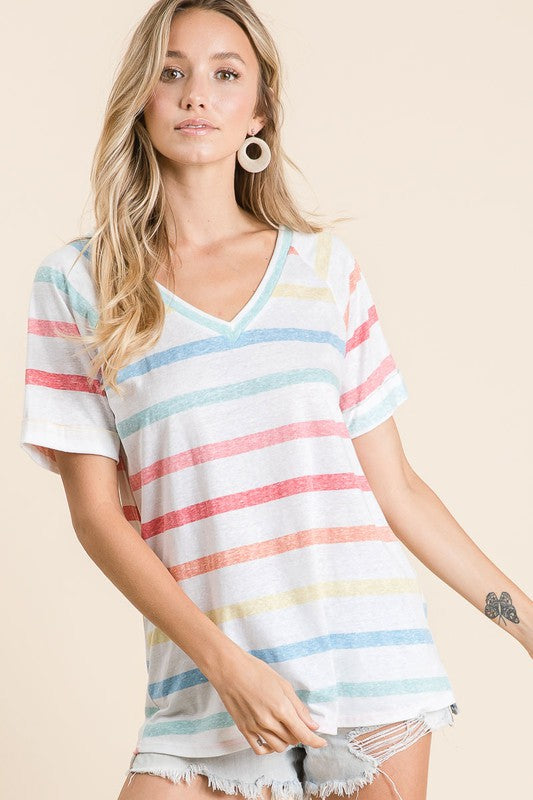 BiBi Striped V-Neck Short Sleeve T-Shirt ORANGE LT.BLUE MULTICOLOR