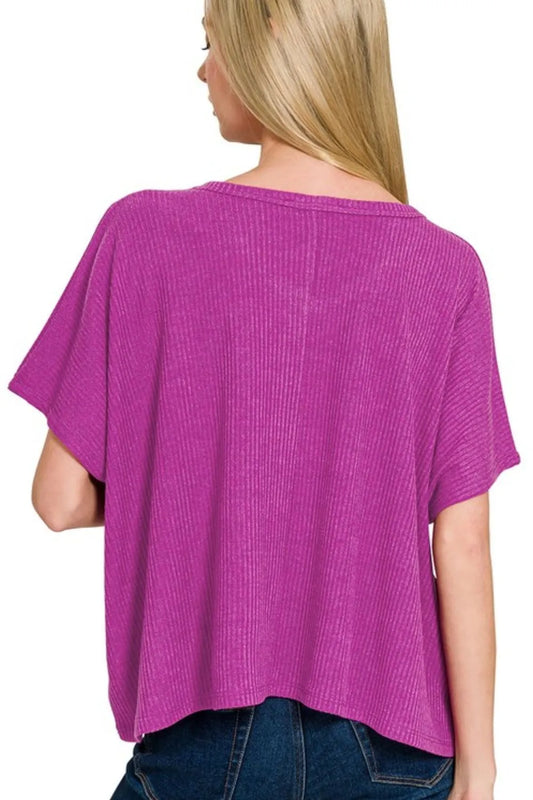 Zenana Ribbed V-Neck Short-Sleeve Knit Top