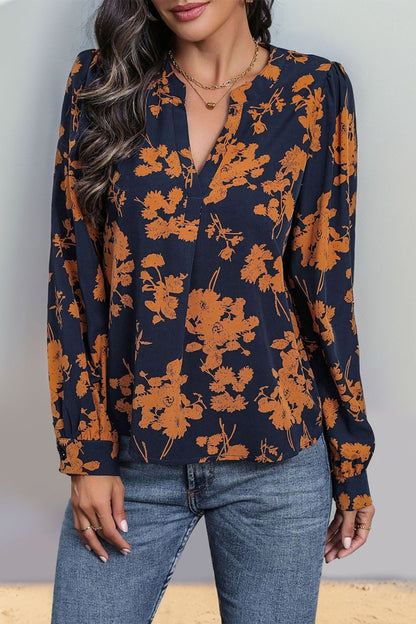 Perfee Printed Notched Long Sleeve Blouse Dark Blue