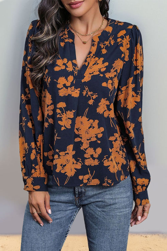 Perfee Printed Notched Long Sleeve Blouse Dark Blue