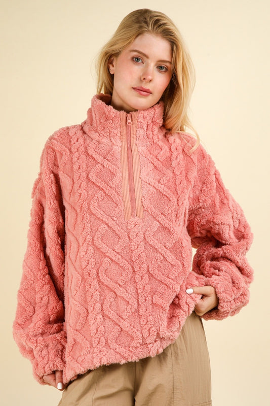 VERY J Fuzzy Fleece Half Zip Cable Pattern Sweatshirt Blush