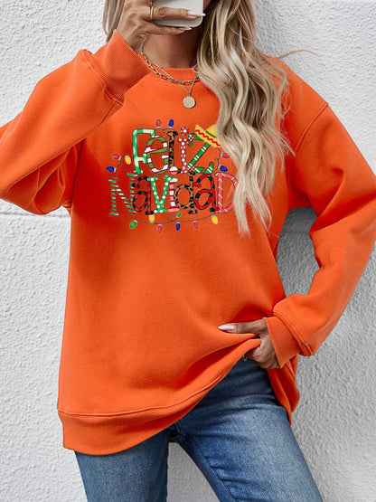 FELIZ NAVIDAD Round Neck Drop Shoulder Sweatshirt Pumpkin