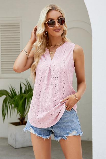 Notched Neck Curved Hem Eyelet Tank Blush Pink