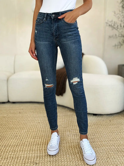 Judy Blue Full Size Mid Waist Distressed Slim Jeans Dark