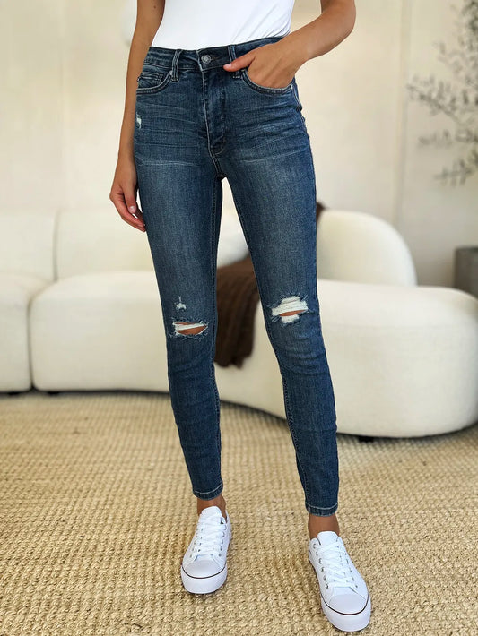 Judy Blue Full Size Mid Waist Distressed Slim Jeans Dark