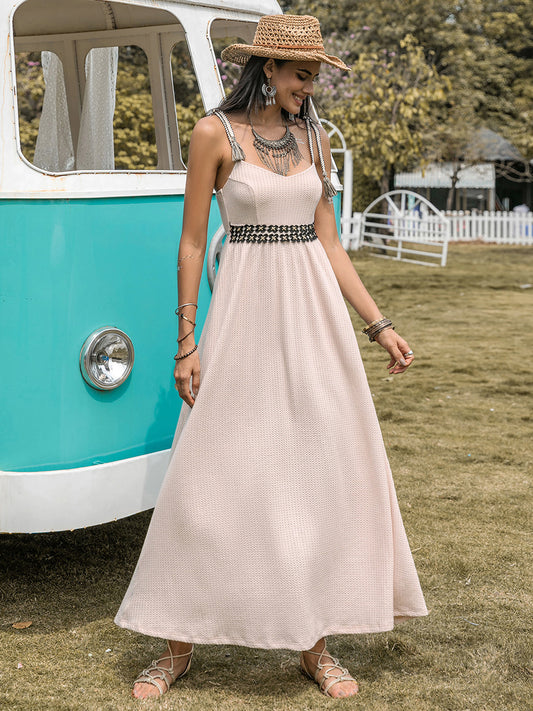 Waffle-Knit Tied Spaghetti Strap Dress Dust Storm