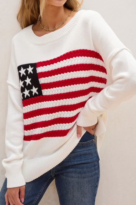 US Flag Side Slit Drop Shoulder Sweater White