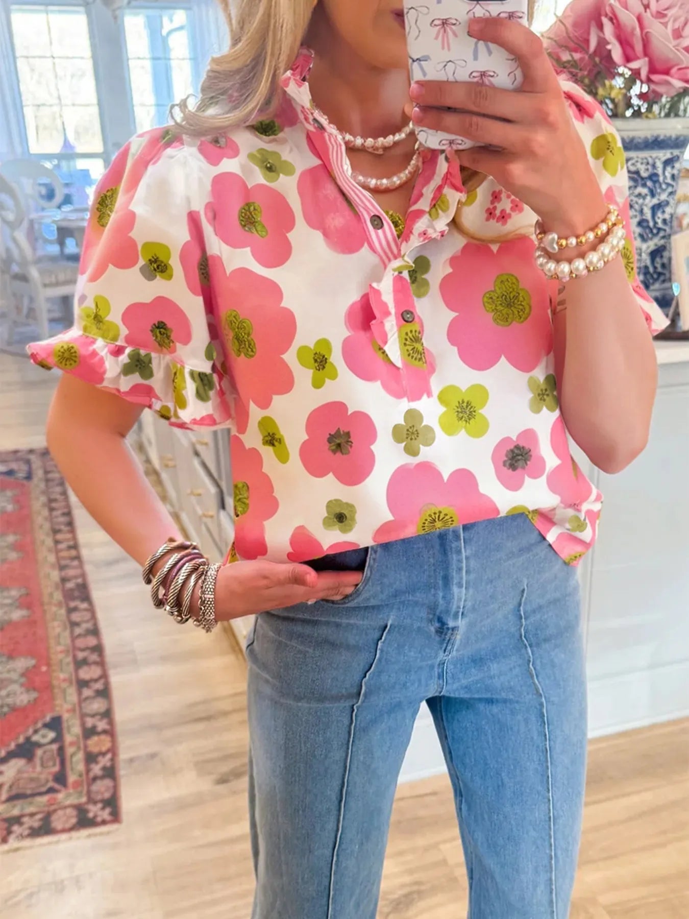 Floral Print Short Sleeve Blouse