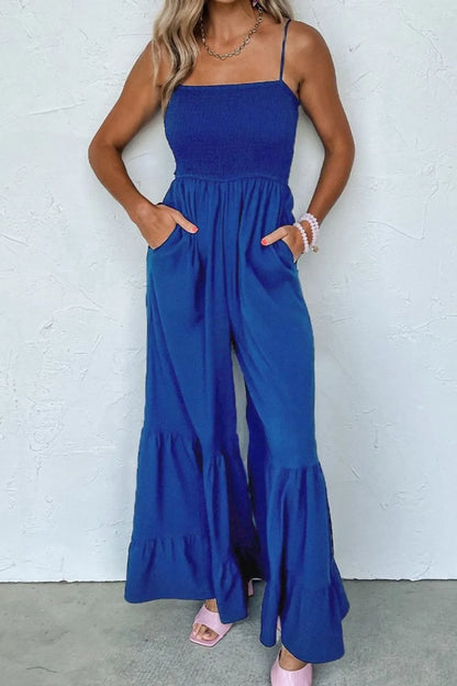 Spaghetti Straps Smocked Ruffled Wide Leg Jumpsuit