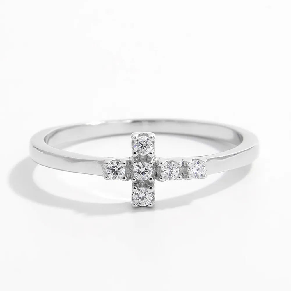 925 Sterling Silver Zircon Cross Ring Silver