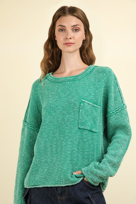 VERY J Mineral Washed Exposed Seam Sweater Kelly Green
