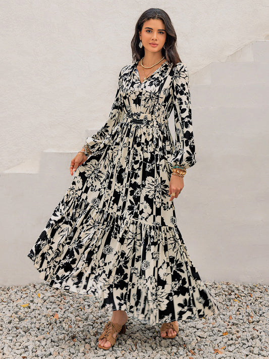 Smocked Printed Tie Neck Long Sleeve Dress Black White