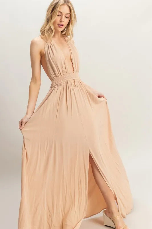 HYFVE Halter Neck Fitted Waist Flowy Maxi Dress