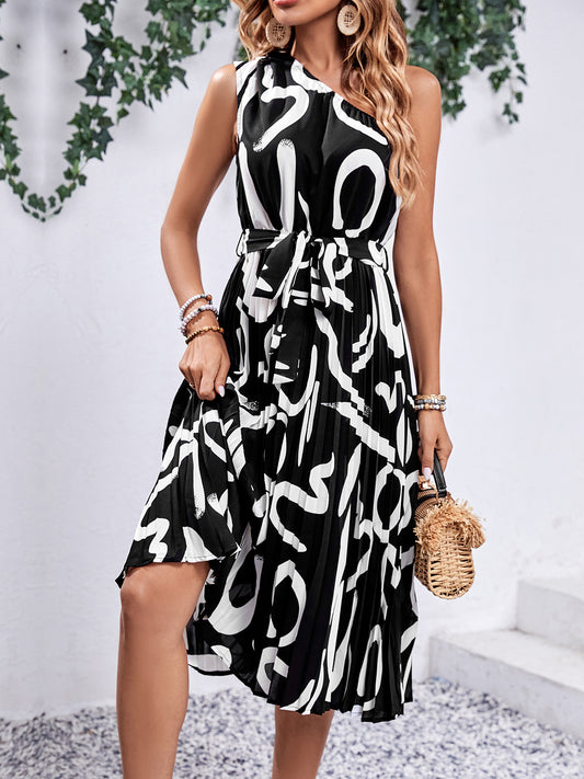 Perfee Printed Single Shoulder Tie Waist Dress Black