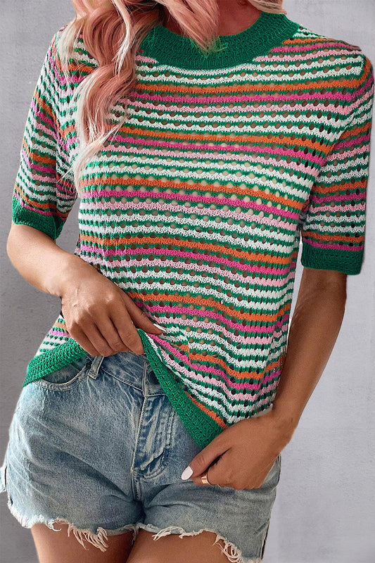 Openwork Striped Short Sleeve Knit Top Multicolor