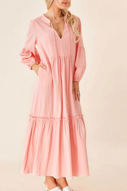 Frill Tiered Tie Neck Long Sleeve Dress Watermelon pink