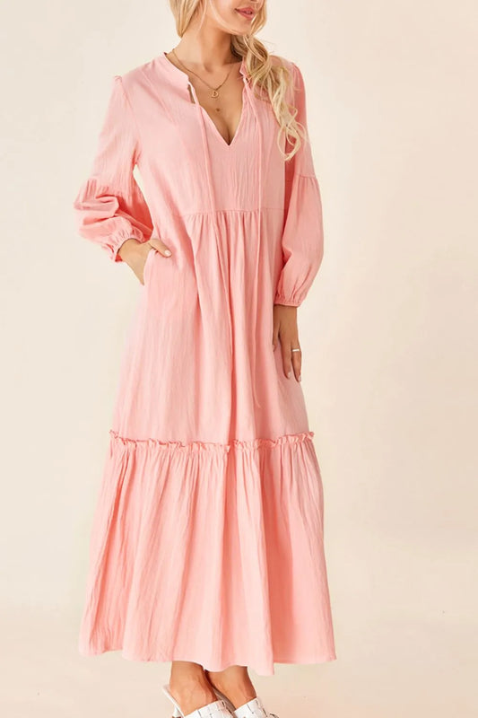 Frill Tiered Tie Neck Long Sleeve Dress Watermelon pink