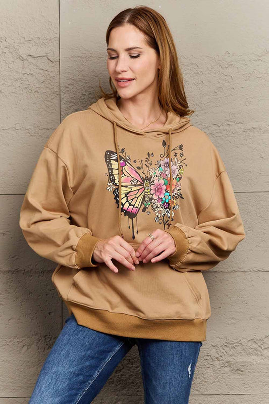 Simply Love Simply Love Full Size Butterfly Graphic Dropped Shoulder Hoodie Mocha