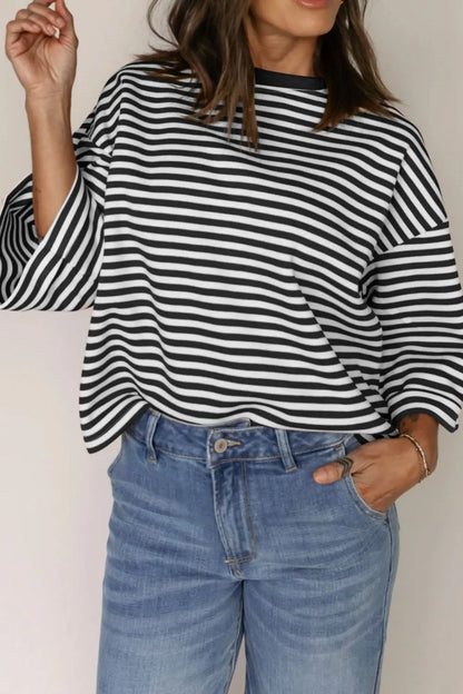 Tied Back Striped Round Neck Blouse