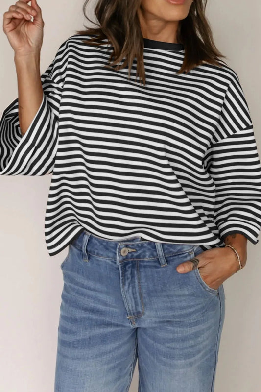 Tied Back Striped Round Neck Blouse