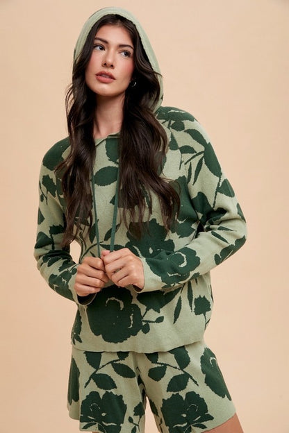 Annie Wear Flower Pattern Drawstring Hooded Top and Shorts Sweater Set Green combo