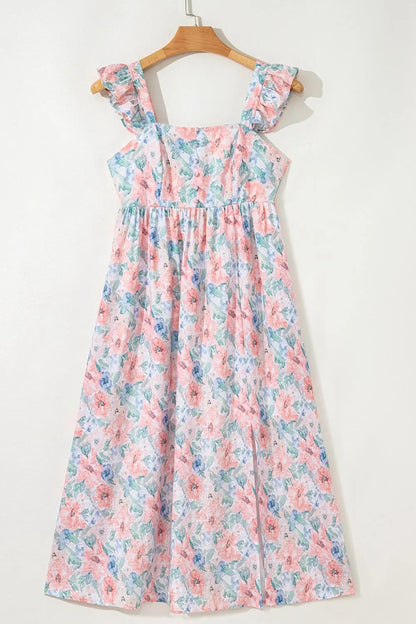 Floral Colorblock Flutter Straps Flowy Dress