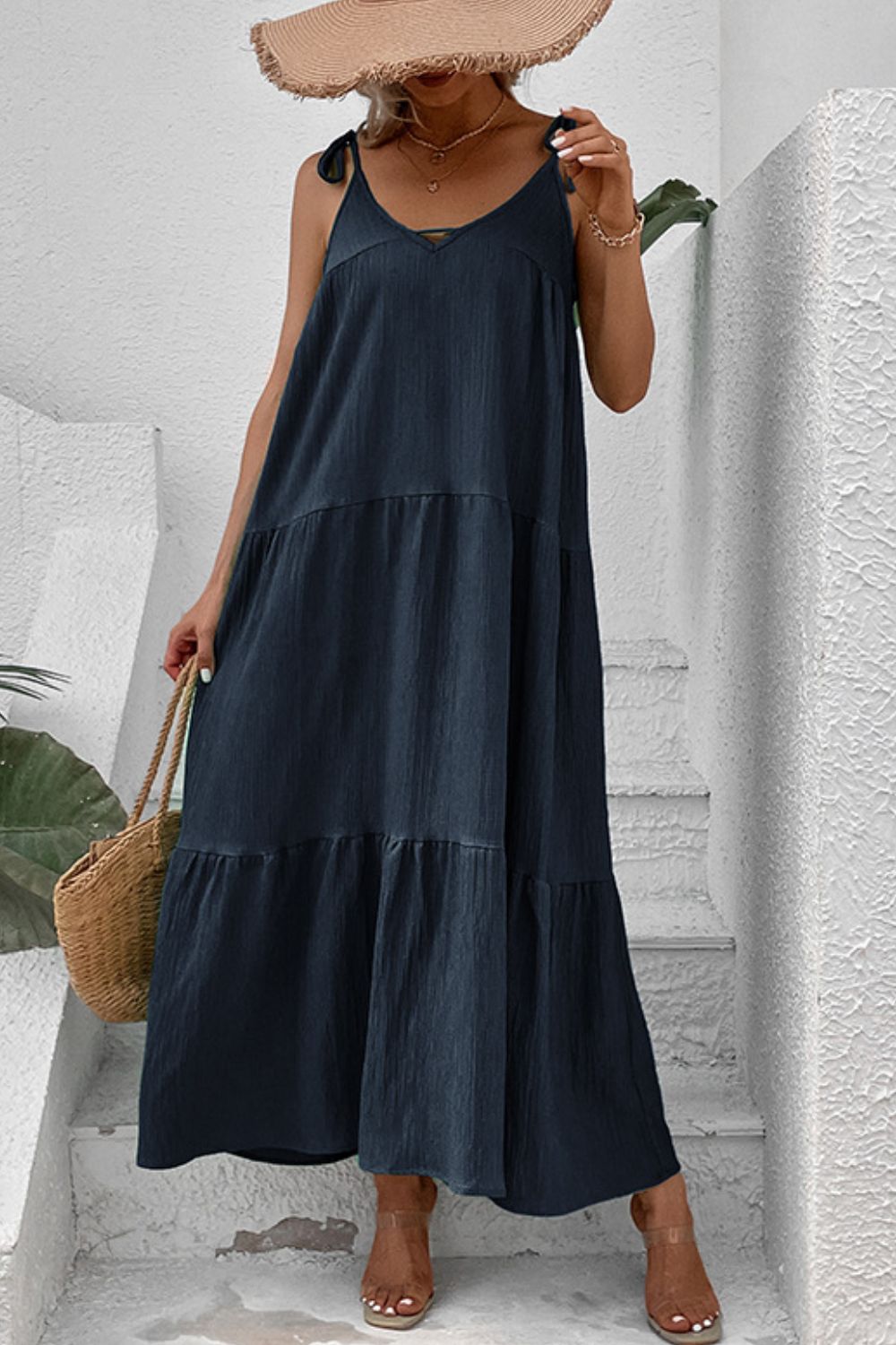 Perfee Tie-Shoulder Tiered Maxi Dress Dark Blue