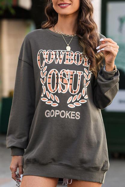 Letter Graphic Round Neck Long Sleeve Sweatshirt Dark Gray