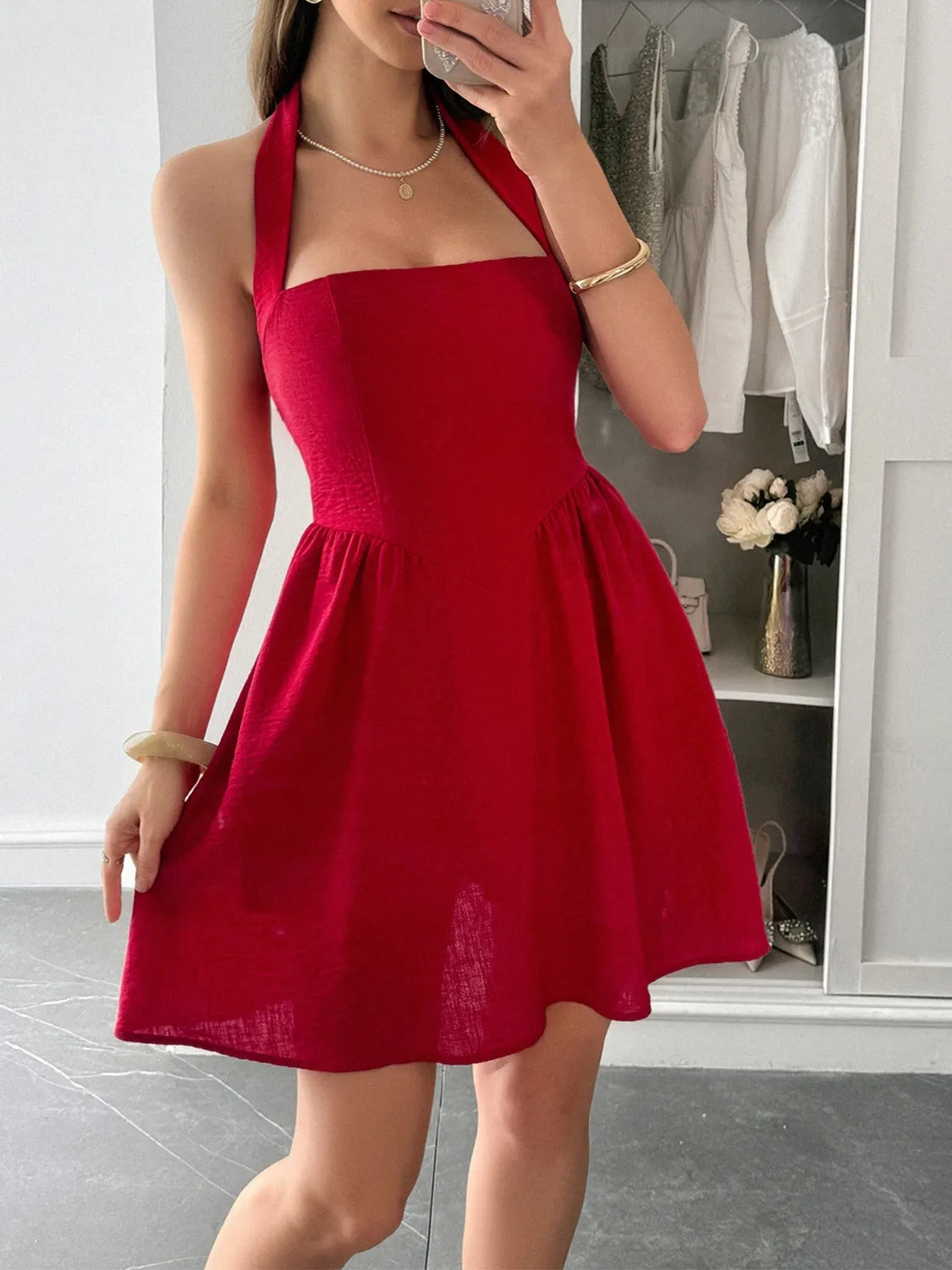 Halter Neck Summer Mini Dress Deep Red