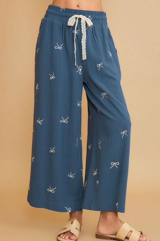 Umgee Full Size Lace Drawstring Embroidered Bow Wide Leg Pants Plus Size Dusty Blue