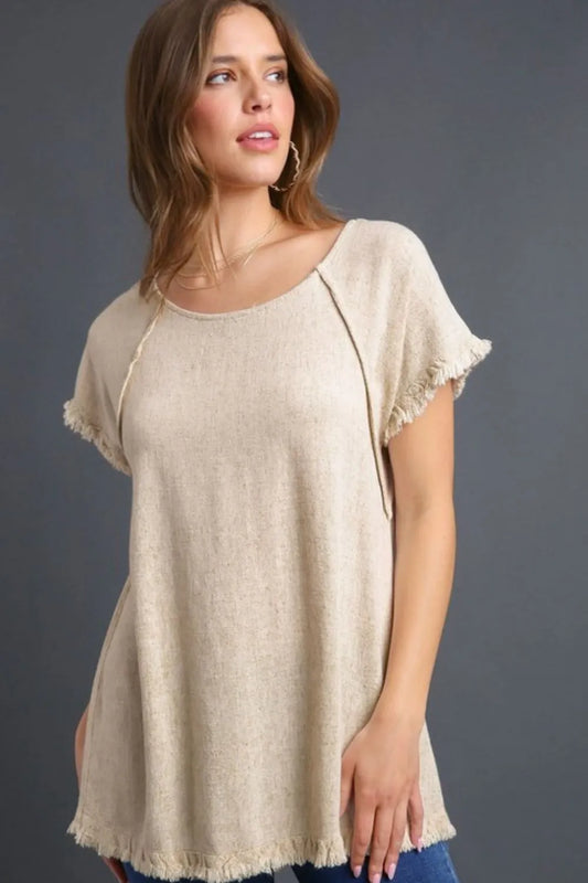 Umgee Full Size Seam Detail Linen Ruffle Fringe Edge Top Plus Size OATMEAL