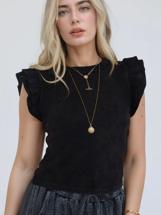 Ruffled Crew Neck Slim Fit Top