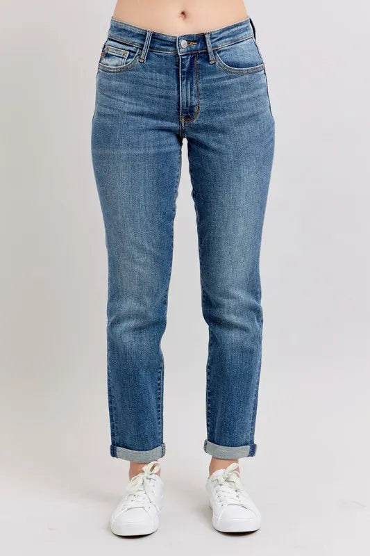 Judy Blue Full Size Mid Rise Skinny Cuff Jeans with Pockets Plus Size Dark
