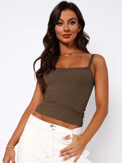 Lace Trim Straight Neck Cami Brown