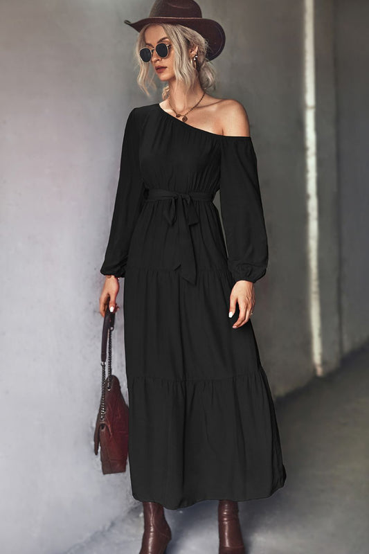 Belted One-Shoulder Tiered Maxi Dress Black