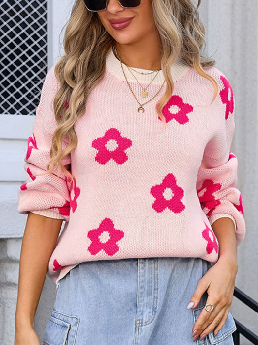 Angel Wings Flower Round Neck Dropped Shoulder Sweater Watermelon pink