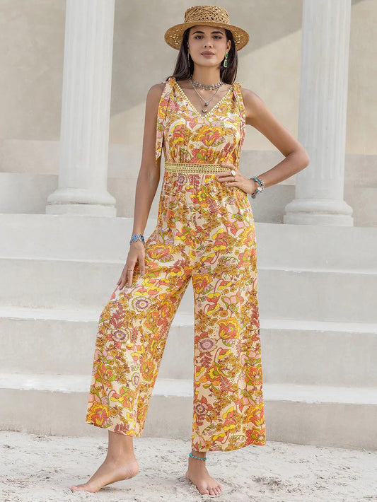 Printed V-Neck Tie Shoulder Jumpsuit Multicolor