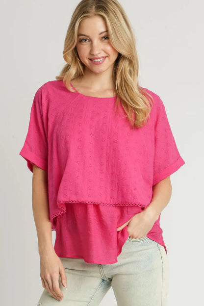 Umgee Full Size Eyelet Layered Short Sleeve Blouse Plus Size Hot Pink