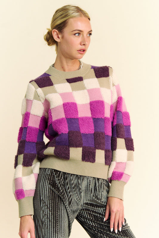 Davi & Dani Checkered Round Neck Long Sleeve Sweater Purple Multi