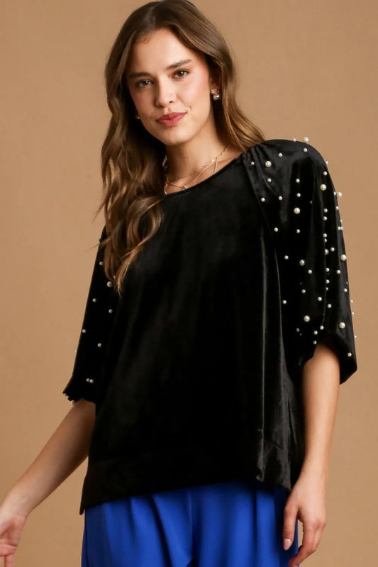 Umgee Full Size Pearl Detail Velvet Round Neck Top Plus Size Black