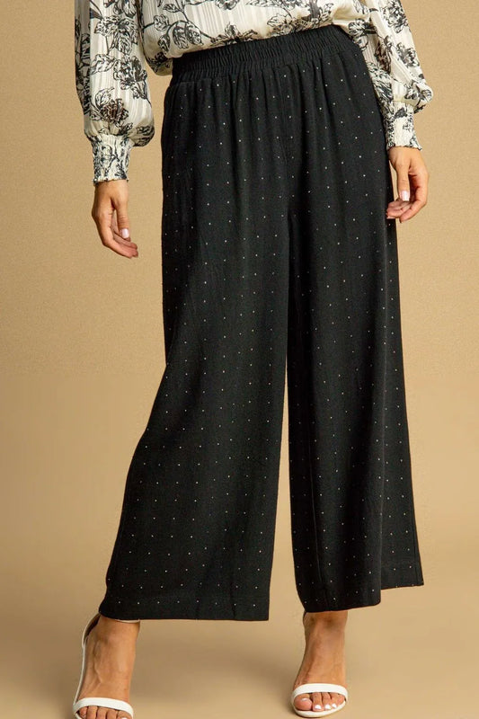 Umgee Full Size High Waisted Embellished Linen Pants Plus Size Black