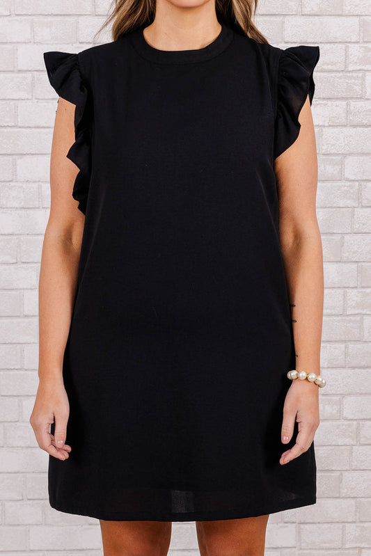 Plus Size Ruffled Round Neck Cap Sleeve Mini Dress Black