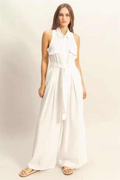 HYFVE Sleeveless Tie Waist Wide Leg Jumpsuit White