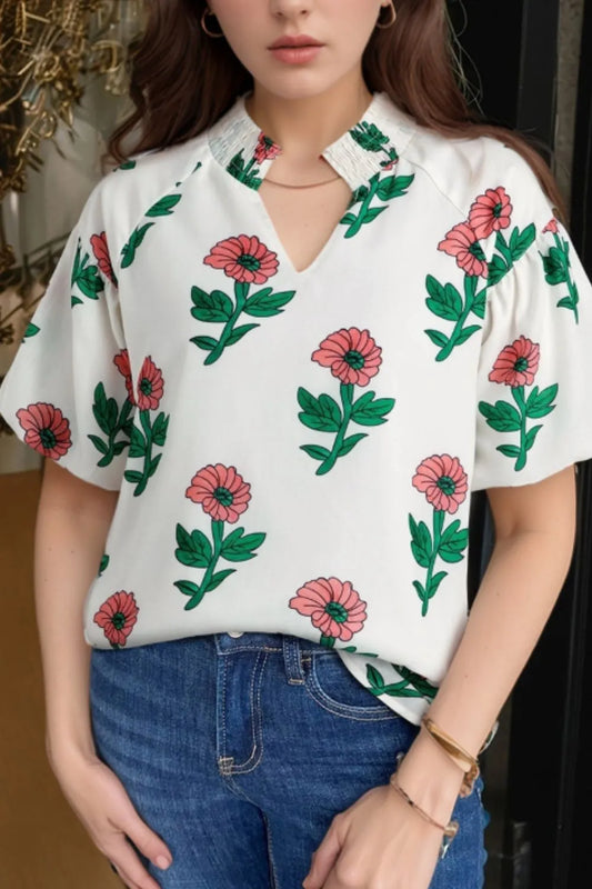Flower Notched Short Sleeve Blouse White